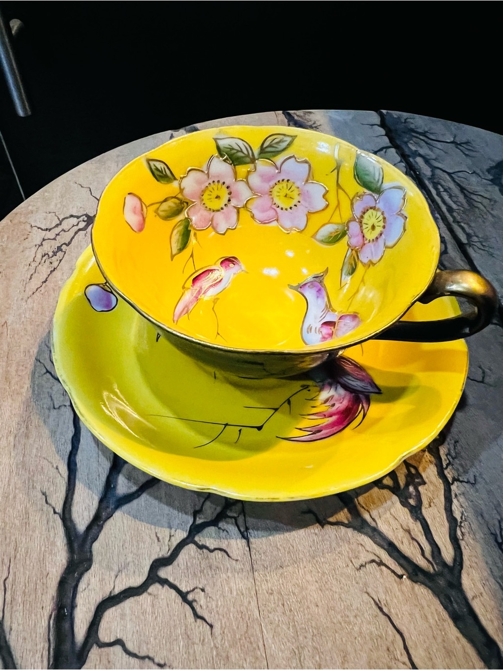 Yellow Floral Bird Ceramic Teacup and Saucer - Handpainted Loveliness!